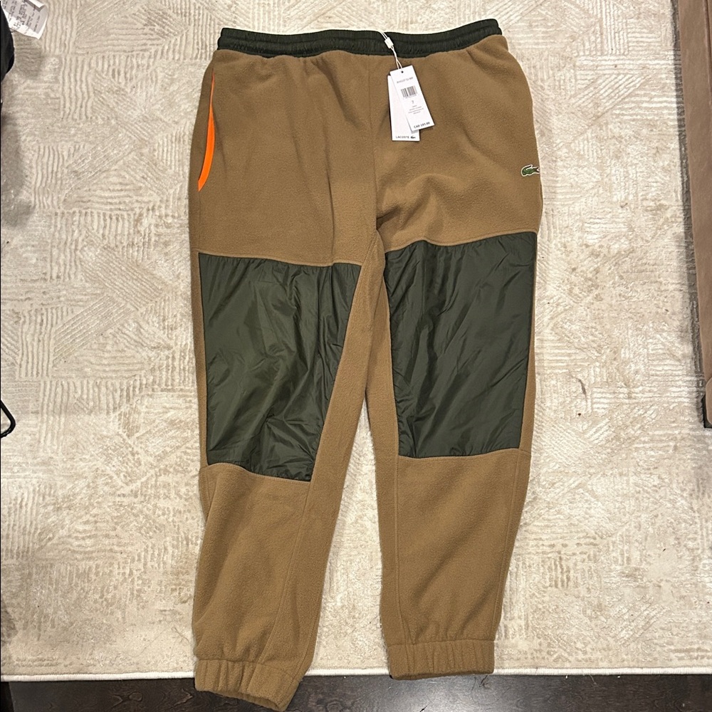 Lacoste Tan and Green Joggers with Orange Accent